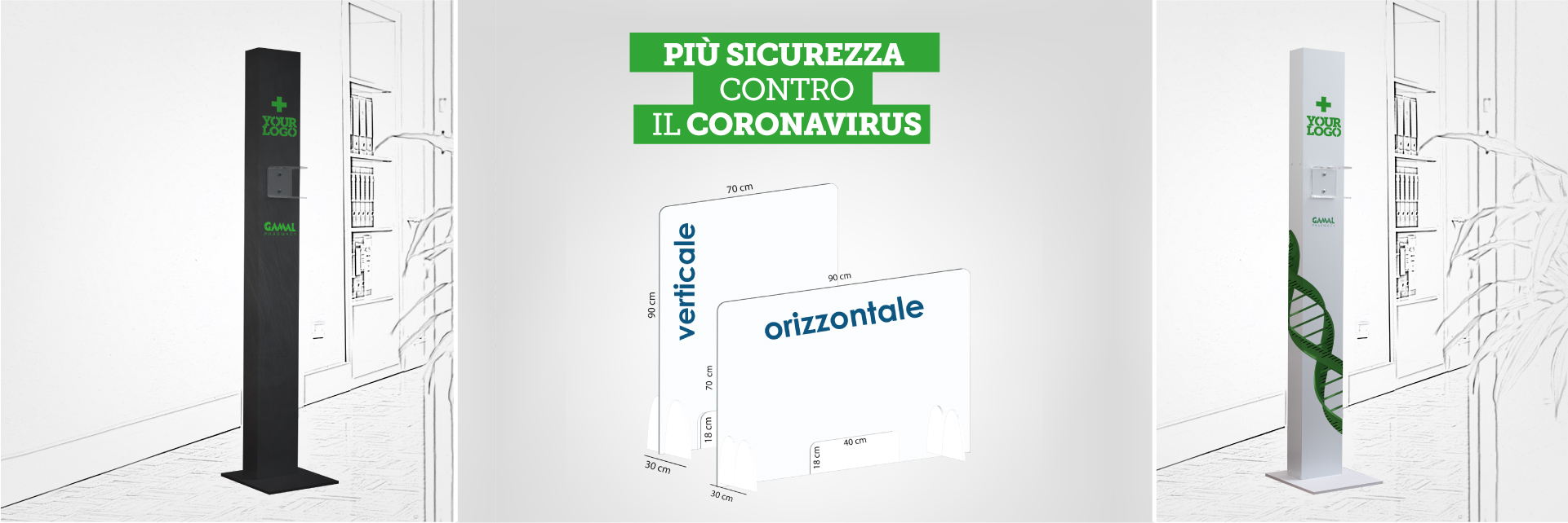 dispositivi di prevenzione coronavirus per farmacie e negozi: parafiato in plexiglass e dispenser igienizzante mani